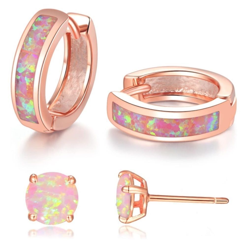 14K Rose Gold with Genuine Pink Fire Opal Huggie and Stud Earrings Set of 2